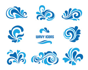 Wave icons, set of decorative swirls