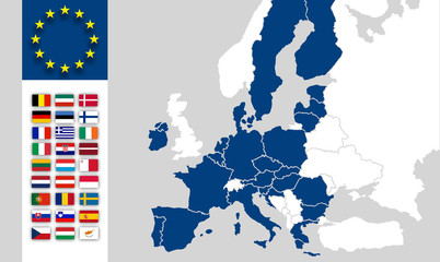 eu karte europa eurasien - eu-länder / mitgliedsstaaten - brexit uk nach austritt - eu-flaggen
