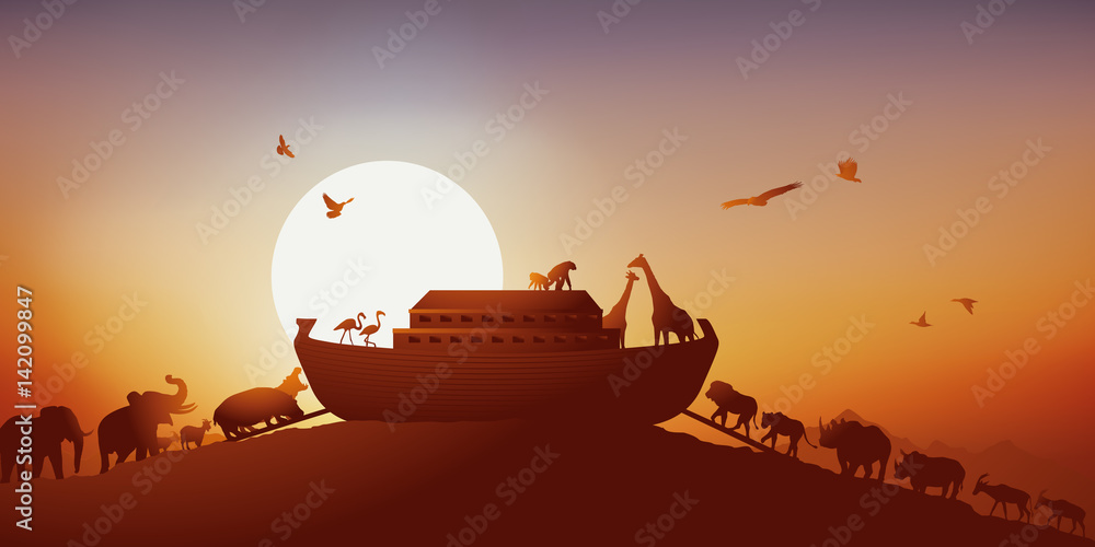 Arche de Noé - Bible, déluge - Dieu - Religion - humanité - Coucher de soleil - obrazy, fototapety, plakaty 