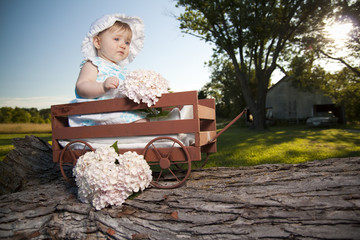 Young girl in wagon outdoors