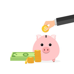 Wall Mural - Piggy bank and hand with coin. Vector illustration.