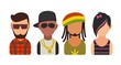 Set icon different subcultures people. Hipster, raper, emo, rastafarian.