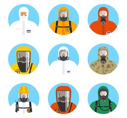 Chemical industry icons set. Different worker people in protective suits in flat style isolated on blue background. Dangerous profession. Vector illustration.