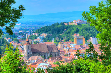 Wall Mural - Cityscape Brasov - Beautiful panoramic view over romantic architecture of Brasov town, Romania