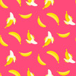 Bananas on pink seamless vector pattern. Juicy summer fruit background.
