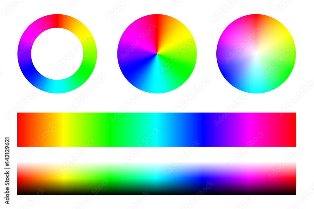 Set of color spectra RGB, wheel circles and stripes. Vector - obrazy, fototapety, plakaty 
