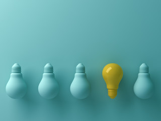 Fototapete - Think different concept , One yellow light bulb standing out from the unlit green incandescent lightbulbs with reflection and shadow , leadership and different creative idea concept. 3D rendering.