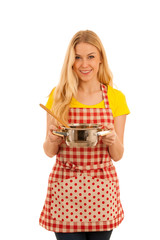 Wall Mural - young blond woman cooking isolated over white background