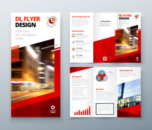 Tri Fold Brochure Design. Red DL Corporate Business Template For Try Fold Brochure Or Flyer. Layout With Modern Elements And Abstract Background. Creative Concept Folded Flyer Or Brochure.