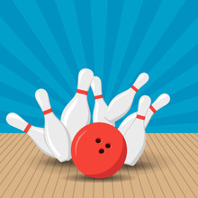 Poster Games In The Bowling Club. Vector Background Design With Strike At Alley Ball Skittles. Flat Illustration.
