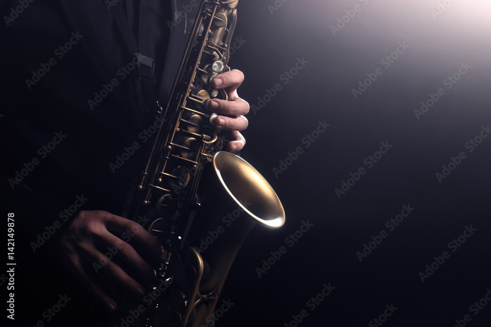 Saxophone player Saxophonist playing jazz music instrument - obrazy, fototapety, plakaty 