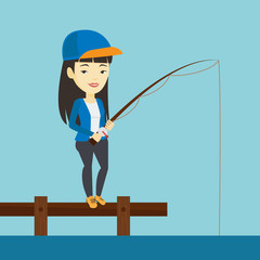 Canvas Print - Man fishing on jetty vector illustration.