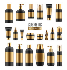 Mock up of black and gold packages for cosmetic prodact. Set of vector realistic blank templates of plastic containers: bottles with spray, pump dispenser and dropper, tubes and jars