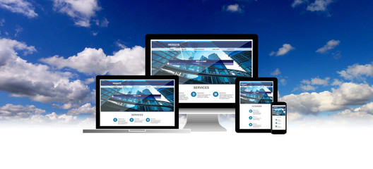 website on computer laptop tablet phone with background sky

