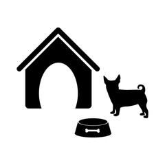 Wall Mural - black silhouette dog animal house and pet bowl set vector illustration