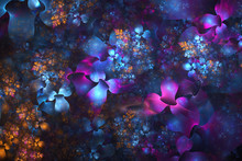 Abstract Exotic Blue, Pink And Orange Flowers On Black Background. Fantasy Fractal Design. Psychedelic Digital Art. 3D Rendering.
