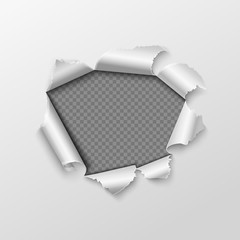 Wall Mural - Paper hole with torn edges isolated on transparent checkered background.