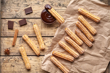 Wall Mural - churros traditional spanish breakfast homemade sweet dough dessert pastry street fast food snack wit