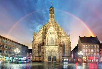 Wall Mural - Nuremberg, cathedral Frauenkirche in Hauptmarkt wtih rainbow, Bavaria, Germany