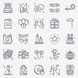 © krolja - Party celebration thin line icons set. Birthday, holidays, event, carnival festive. Basic party elements icons collection. Vector simple linear design. Illustration. Symbols. Mask gifts cake firework