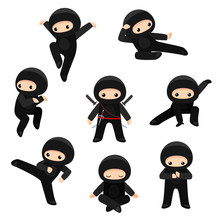 Set Of Cute Ninjas In Various Poses Isolated On White Background