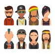 Set icon different subcultures people. Hipster, raper, emo, rastafarian, punk, biker, goth, hippy. Vector flat illustration on white background