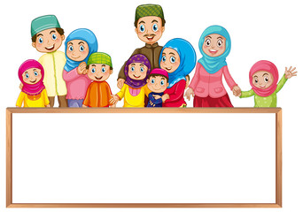 Wall Mural - Board template with muslim family in colorful clothes