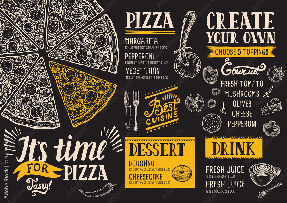 Pizza menu restaurant, food template. - obrazy, fototapety, plakaty 