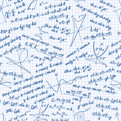 Vector mathematics seamless pattern with different signs, figures, formulas and graphs of functions. Math workbook background