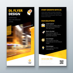 DL flyer design layout. Black Yellow DL Corporate business template for flyer. Layout with modern elements and abstract background. Creative concept vector flyer.