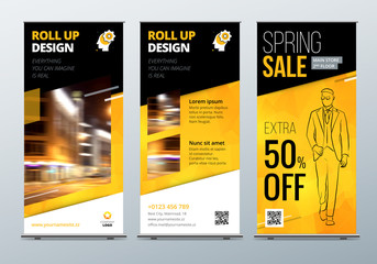 Wall Mural - Roll Up banner stand. Presentation concept. Black Yellow Corporate business roll up template background. Vertical template billboard, banner stand flag design layout. Poster for conference forum, shop