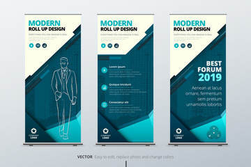Wall Mural - Roll Up banner stand. Presentation concept. Teal Corporate business roll up template background. Vertical template billboard, banner stand or flag design layout. Poster for conference, forum, shop