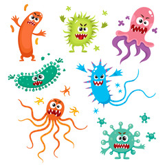 Wall Mural - Set of ugly virus, germ and bacteria characters, cartoon vector illustration on white background. Collection of ugly bacteria, virus, germ monsters with human faces and sharp teeth