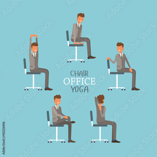 Vector Illustration With Office Chair Yoga Businessman Doing Workout And Stretching Man In Suit Exercising On Office Chair Icon Set On Blue Background Buy This Stock Vector And Explore Similar Vectors