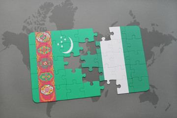 puzzle with the national flag of turkmenistan and nigeria on a world map