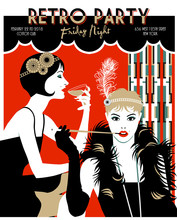 Two Flapper Girls. Retro Party Invitation Card. Handmade Drawing Vector Illustration. Art Deco Style