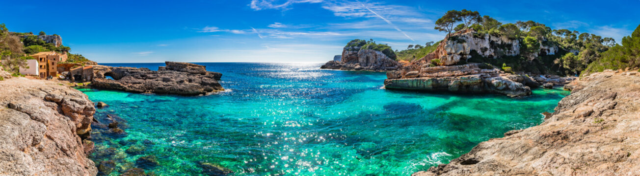 island scenery, seascape spain majorca, beach bay cala s'almunia, beautiful coastline mediterranean 