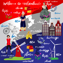 Girl And Boy In National Costumes Of The Netherlands On A Background Map Of The Netherlands And With The Symbols Of The Country