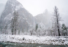 Bridal Veil Falls And The Merced River In Winter