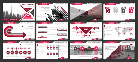 Creative set of abstract infographic elements. Modern presentation template with title sheet. Brochure design in pink, dark red blue, white and gray colors. Vector illustration. City street image.