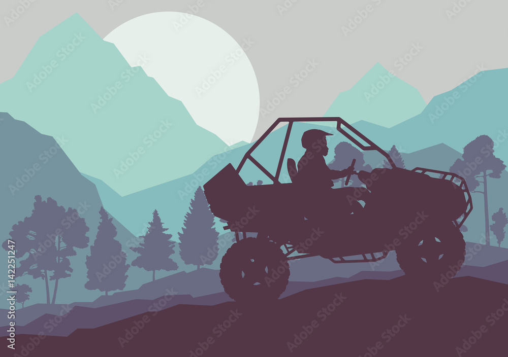 Vettoriale stock di All terrain vehicle driver landscape with trees ...