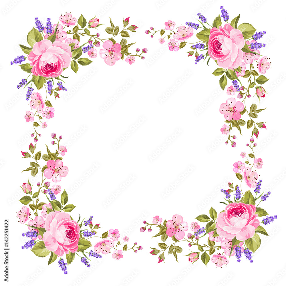 Flower Note Border R Botanical decorative border with text place isolated over white ...