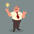 © belyjmishka - The businessman with a mustache pointing to the bulb. Idea concept. Vector flat design illustration.