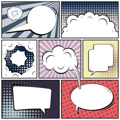 Abstract creative concept vector comic pop art style blank, layout template with clouds beams and isolated dots background. For sale banner, empty speech bubble set, illustration halftone book design.