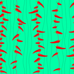 Red chili pepper on a green background. Seamless pattern. Vector illustration.