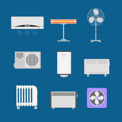 Sticker - Cartoon Heating Devices Color Icons Set. Vector