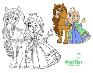 Sticker - Beautiful princess with horse color and outlined picture for coloring book on white background