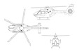 Outline drawing of helicopter on white background. Top, side, front view. Technical blueprint