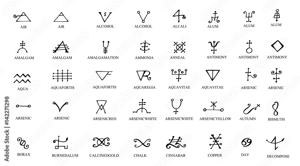 A set of alchemical symbols isolated on white. Hand drawn elements for design. Mystical, esoteric, occult theme. - obrazy, fototapety, plakaty 