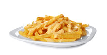 Plate Of Delicious French Fries With Cheese Sauce On White Background
